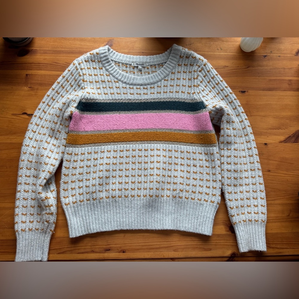 Madewell Striped Crewneck Sweater in Ivory with Pink, Mustard & Dark Green Bands